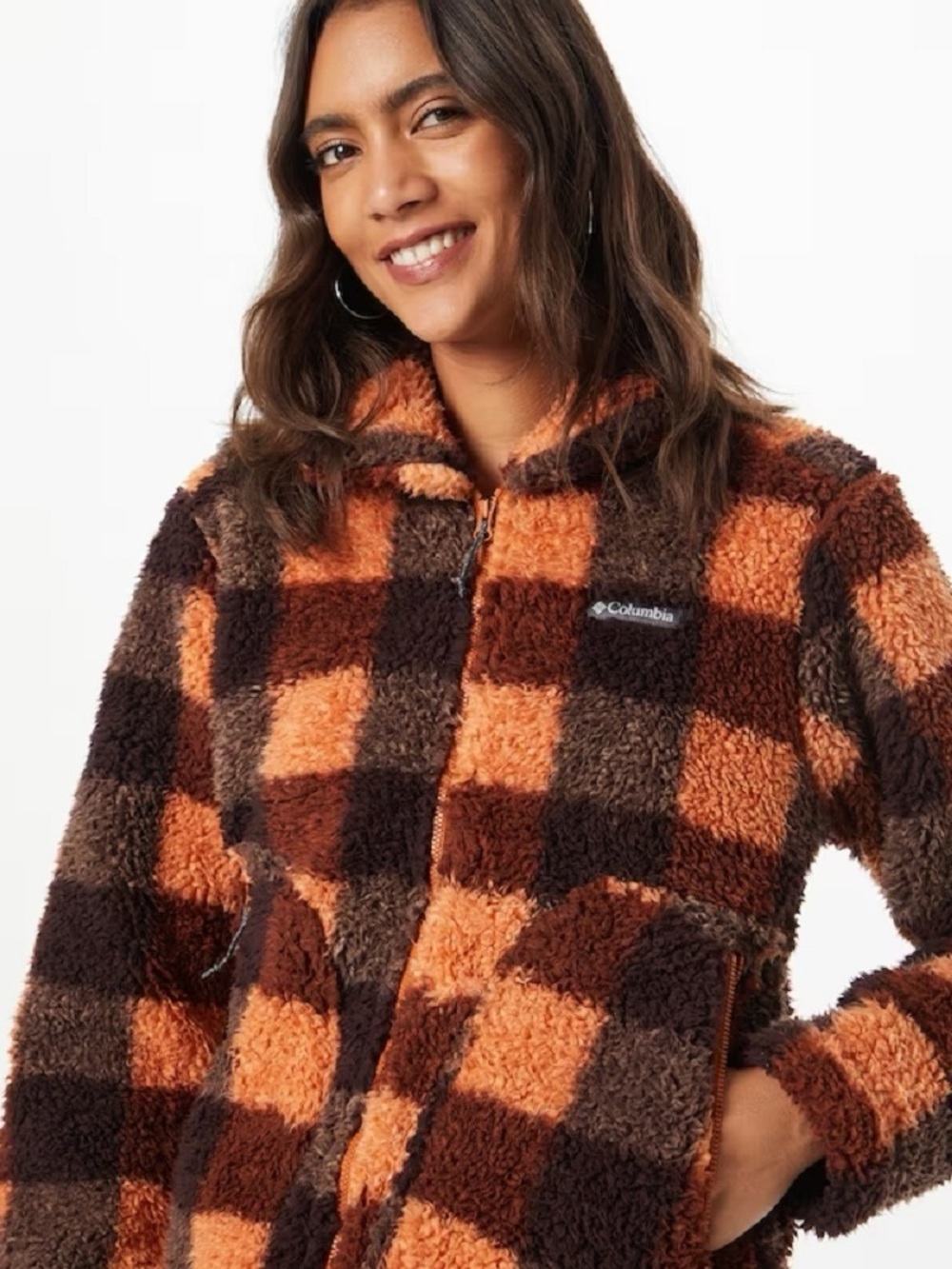 Columbia Women's Winter Pass Sherpa Full Zip Orange and Brown Buffalo Plaid, L